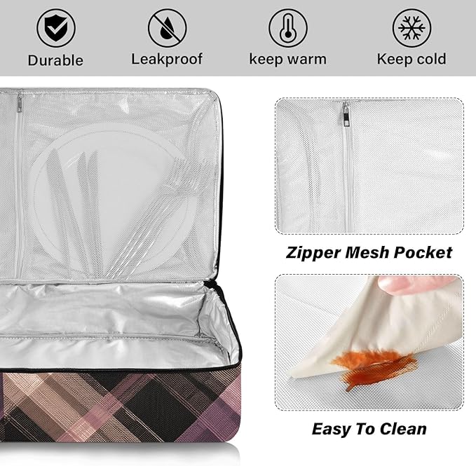 Casserole Carrier Pattern Purple Brown Tartan Plaid Insulated Casserole Carrier for Hot or Cold Food Thermal Lunch Tote for Parties Picnic Travel Carry Bag