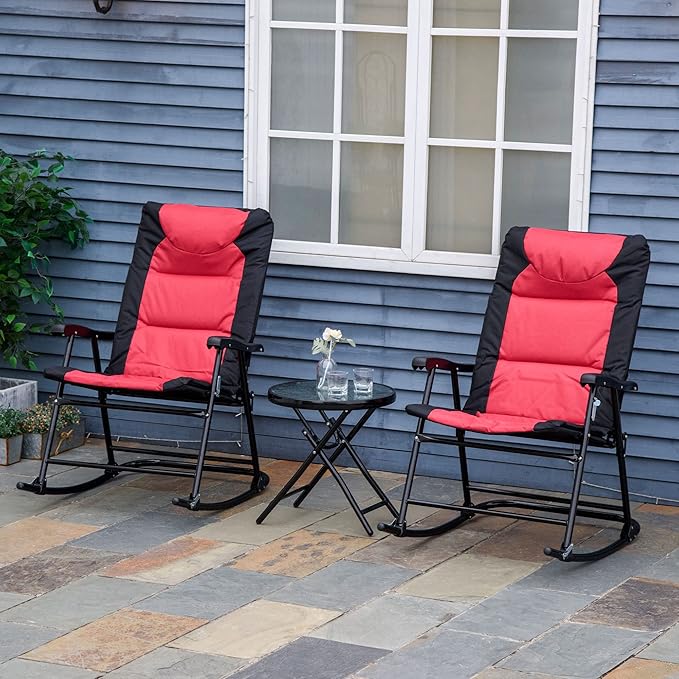 Outsunny 3 Piece Outdoor Patio Furniture Set with Glass Coffee Table &amp 2 Folding Padded Rocking Chairs Bistro Style for Porch Camping Balcony Red