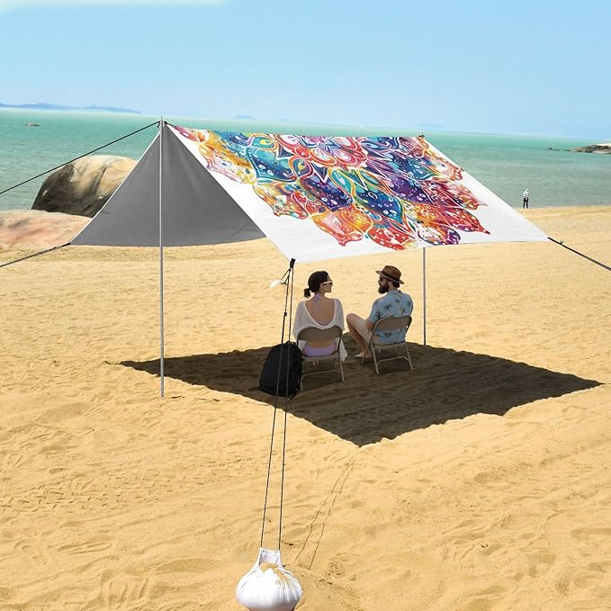 ALAZA Mandala Tie Dye Beach Tent Sun Shelter UPF50+ Protection Beach Shade Canopy w/ 4 Sandbags for Outdoor Camping Fishing Backyard Fun Picnic 10x9 ft