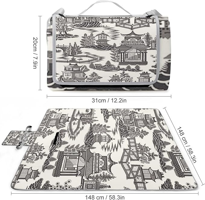 Blue and White Chinese Folk Chinoiserie Style Waterproof Outdoor Picnic Blanket Sandproof Beach Mat for Camping Hiking Grass Travelling