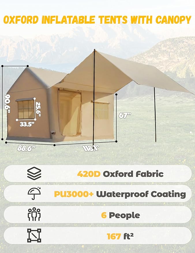 Inflatable Tents for Camping - 6 Person Blow Up Tent with Hand Pump &amp Awning Quick Setup Waterproof Oxford 4 Season Air Glamping Inflatable House for Camping Tent