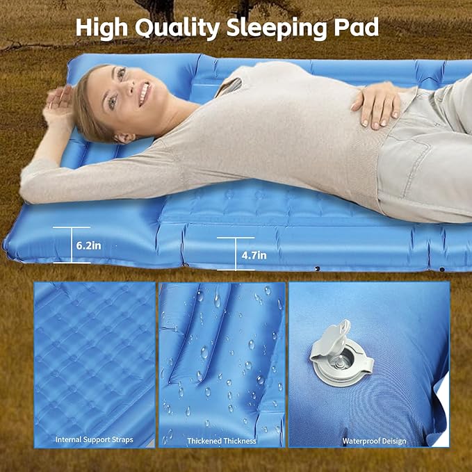 Camping Sleeping Pad Self-Inflating Sleeping Mats with PillowThick 6.2 Inch Ultralight Sleeping Pad with Built-in Foot Pump for Camping Backpacking Hiking Traveling Tent