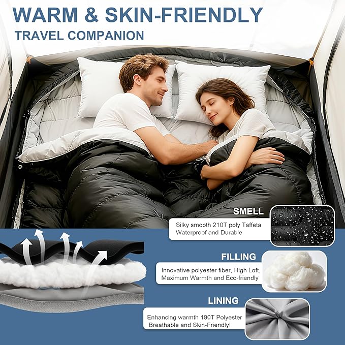 2 Person Sleeping BagDouble Sleeping Bags for Adults Large Adult Sleeping Bag with Plush Lining/Backpacking/Extra Large/4 Seasons/Portable/Waterproof/Hiking/Camping/Family Fun Time