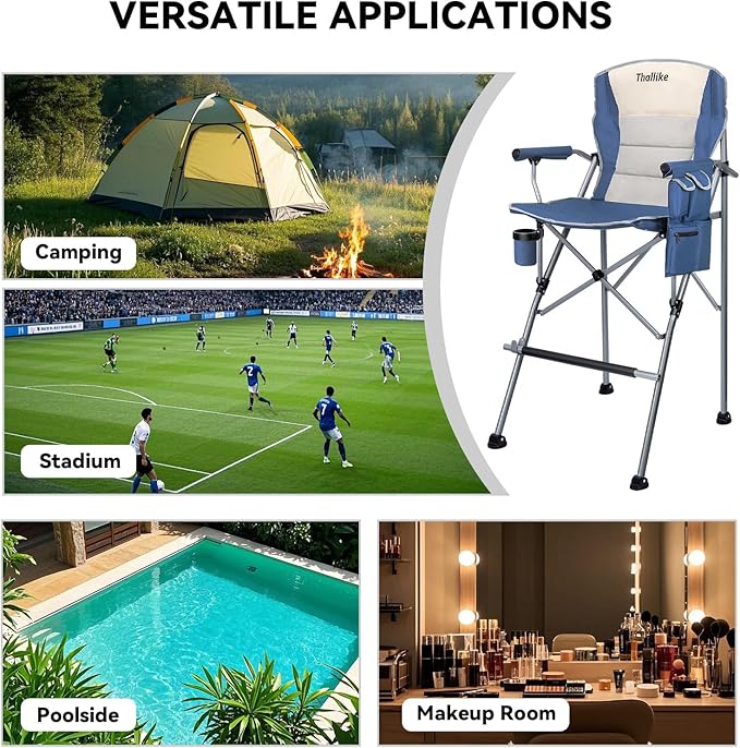 Foldable Directors Makeup Salon High Chair - Portable Camping Bar Height Folding Photoshoot Chairs with Stroage Bag Cup Holder Non-Slip Footrest Supports 400 lbs Blue Tall Director Chair