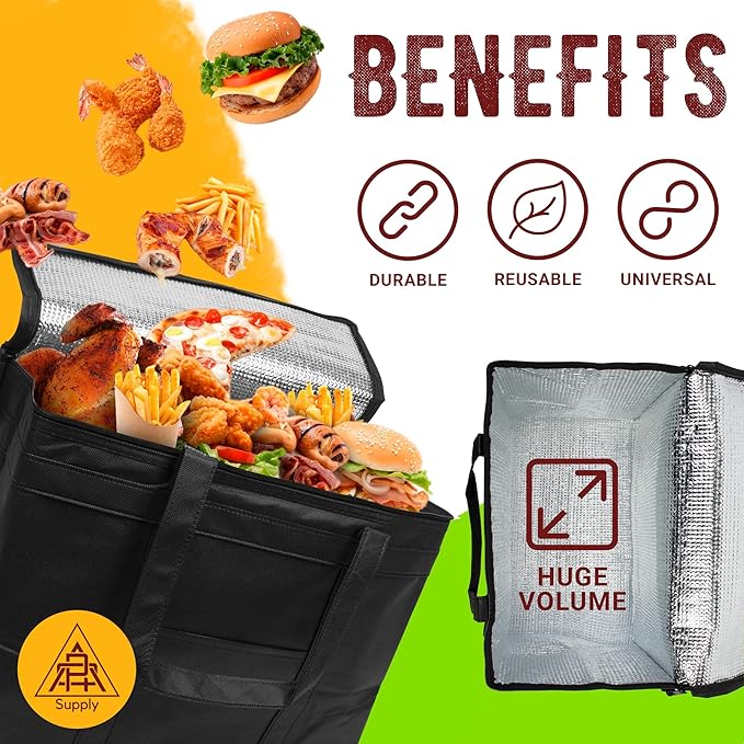 Black Insulated Food Delivery Bag. Insulated Grocery Bags with Zippered Top. Foldable Catering Bag for Food Deliveries. Heavy Duty Cold Bags for Groceries