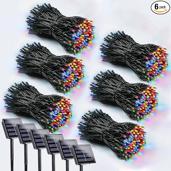 6 Pack 600 LED Solar String Lights for Outside Solar Christmas Lights with 8 Lighting Modes Waterproof Green Wire Solar String Lights Outdoor for Tree Xmas Party Garden Yard Decorations (MultiColor)