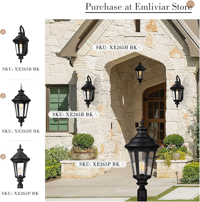 Emliviar Farmhouse Outdoor Light Fixtures Wall Mount 28.4 Inch Large Outside Lamp for Porch Outdoor Carriage Light with Seeded Glass Black Finish XE265B BK