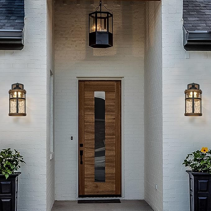 Maxxima LED Outdoor Wall Light Black w/Wood Grain Style Finish Clear Hammered Glass 800 Lumens 3000K Warm White Dusk to Dawn Sensor Farmhouse Wall Mount Sconce Rustic Coach Lantern