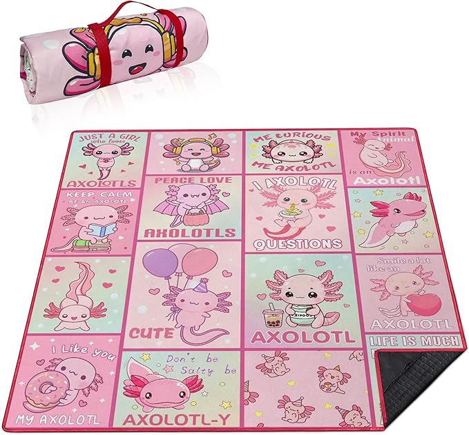 Extra Large Picnic Blankets Waterproof Foldable (80x 80) Axolotl Beach Blanket Waterproof Sandproof3-Layer Thicking Mat Outdoor Packable Camping Blanket