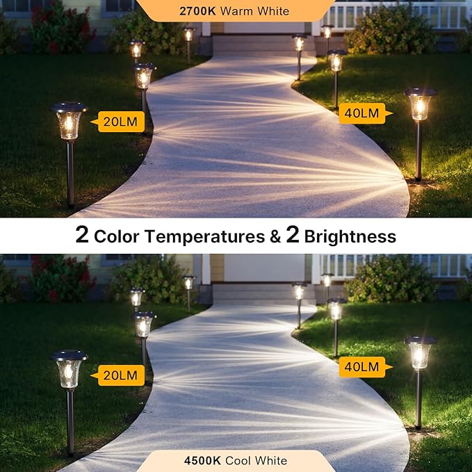 XMCOSY+ Solar Pathway Lights 4 Pack Metal Solar Lights Outdoor Waterproof 20/40LM Bright Solar Powered Garden Light for Yard Backyard Landscape Path Driveway Walkway Outside (Warm/Cool White)