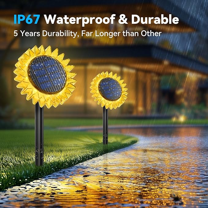 Solar Garden Lights - Upgraded Solar Sunflower Light Ground/Wall 2 In 1 Solar Outdoor Lights Waterproof IP67Garden Yard Patio Backyard Pathway Landscape Fence Wall Decoration Warm White(4 Pack)