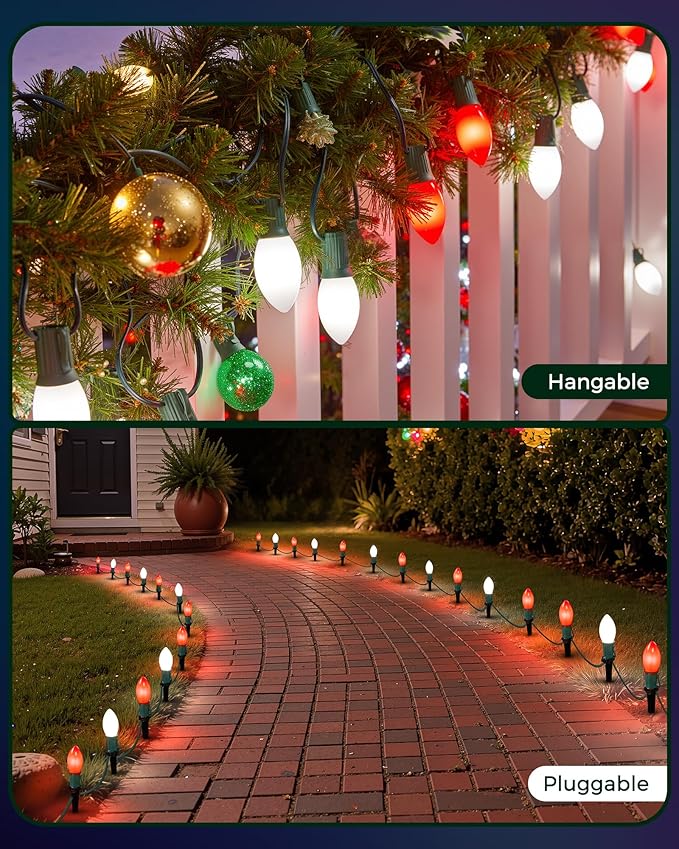 Frosted C9 Christmas Lights Outdoor 25.7 Ft Christmas Pathway Lights with 20 LED Bulbs and Stakes Connectable Christmas Yard Decorations Walkway Sidewalk Holiday Red and White
