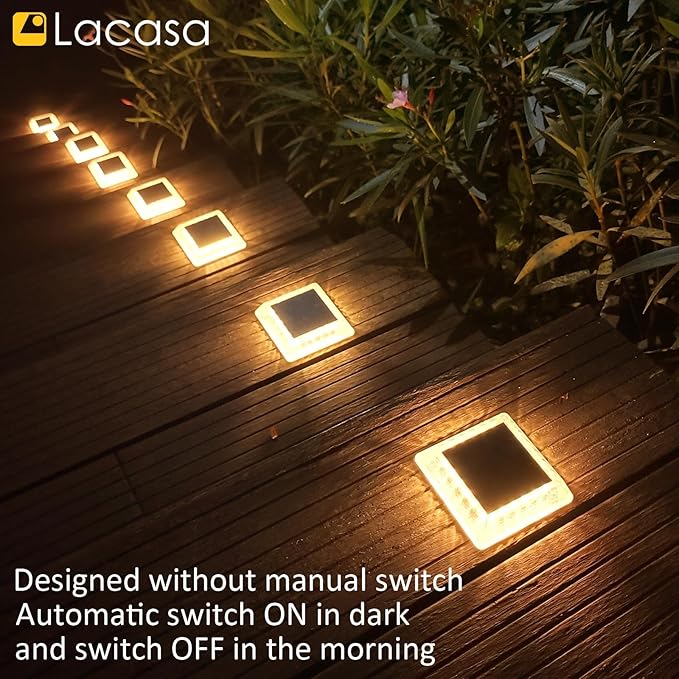 Lacasa Solar Deck Lights 8 Pack 30LM LED Dock Lights Warm White 2700K Outdoor Solar Powered Step Lights Light up All Night IP68 Waterproof Auto ON/Off for Garden Stairs Driveway Pathway Lighting
