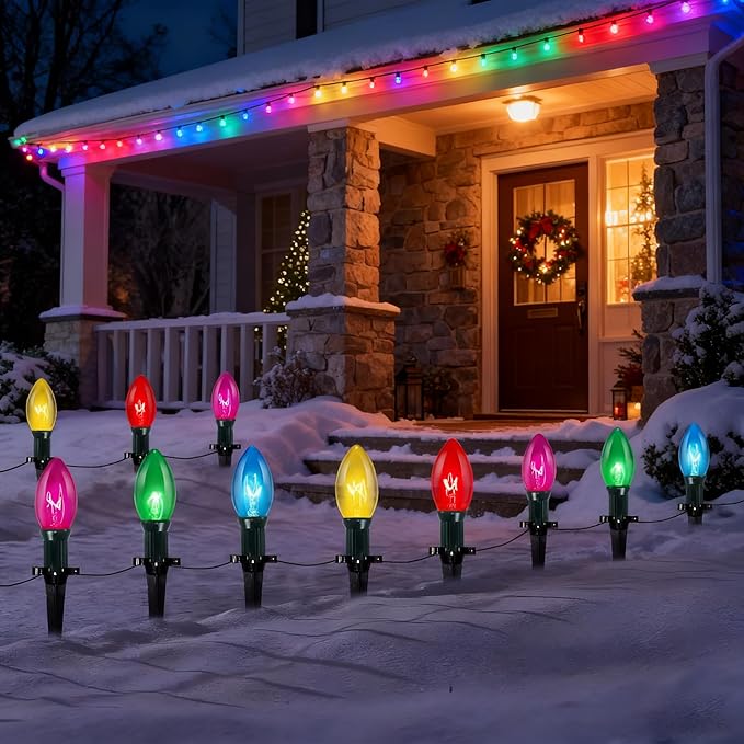 Abeja C9 Christmas Pathway Light Outdoor 38Ft Multicolor Bulbs Christmas Pathway Lights with 25Stakes Connectable Weatherproof Walkway Lights for Yard Lawn Sidewalk Garden Xmas Holiday Decor