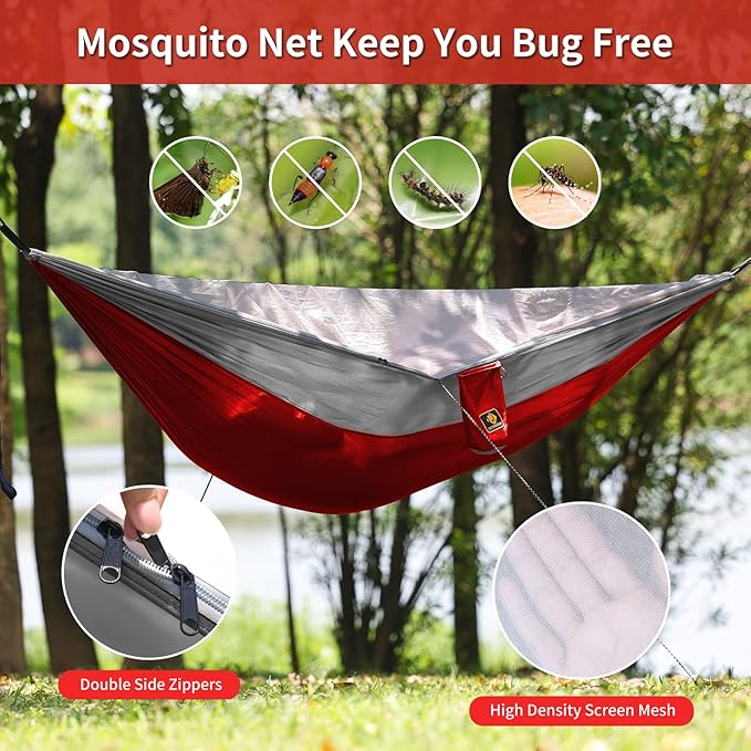 Camping Hammock Portable Hammocks with Mosquito NetLightweight Nylon Parachute Hammock with 10ft Tree StrapsCamping Gear Must Haves for Travel Hiking Backpacking Beach Patio-Red&ampGrey