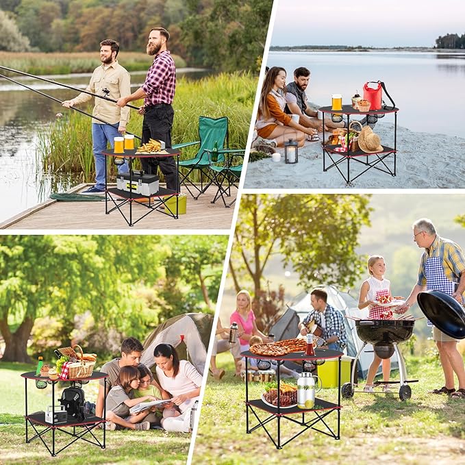 HiiPeak Camping Table Folding Picnic Table with 4 Cup Holders and Carrying Bag Portable Camp Table with Handle Design for BBQ Outdoor Fishing Beach Picnic Travel Camping Essentials Black Table