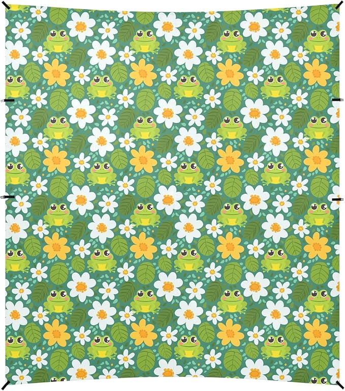 Camping Sun Shelters Cute Frog Flower with Leaf Background Beach Canopy 126 * 110.2in