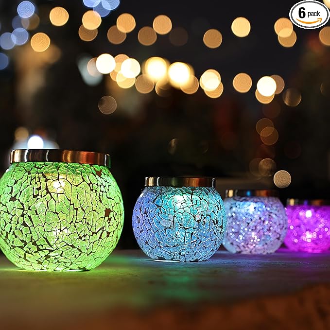 Cooo 6 Pack Gift for him her Heavy Solar Mosaic Crackle Glass Lights with Dual Solar Panels Color-Changing RGB Lantern Exclusive Dazzling Glass Waterproof Outdoor Table Lamps Garden Lamp