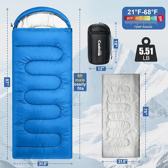 2-in-1 Detachable Sleeping BagWaterproof 4-Season Adult Sleeping Bags w/Removable Cotton Liner – Converts to 2 Lightweight Bags for Camping Hiking Travel