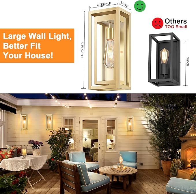 15 Large Gold Outdoor Light Fixture Wall Mount 2 Pack Waterproof Outdoor Sconces Modern Wall Lights with Clear Glass Shade for Front Door Porch Garage
