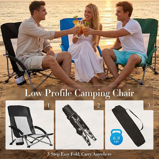 DUMOS Low Beach Chair for Adults Lightweight Folding Beach Chair with Cup Holder Storage Bag Breeze Mesh Back Padded Armrests Compact Low Profile Chair for Camp Picnic Lawn Sand
