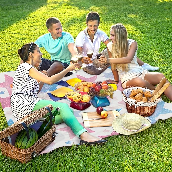 Waterproof Sandproof Beach Blanket 59''×68'' Star Confetti Polyester Outdoor Picnic Blanket with 4 Stakes &amp Storage Bag for BeachCampingVacation White