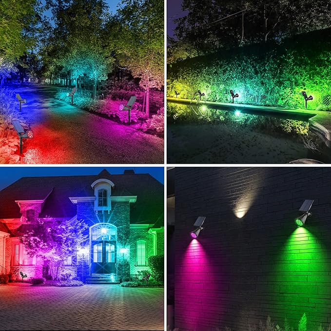T-SUN Solar Spotlights Color Changing 7 LED Waterproof Solar Garden Lights Auto ON/OFF Adjustable Landscape Spot Lights 2-IN-1 Solar Wall lights for Patio Yard Garden Driveway Pool Area(2 Pack)