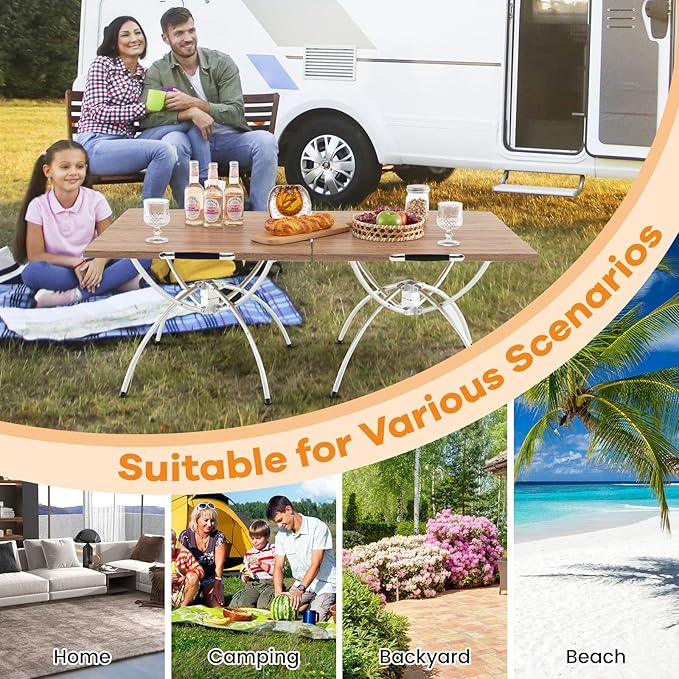 Goplus Aluminum Camping Table 2 PCS Folding Picnic Tables w/Extendable Design Wood-Grain Tabletop Carrying Bag Non-Slip Foot Pads Portable Beach Table for Camp Hiking BBQ Party