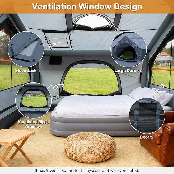 Inflatable Tents with Hand Pump Hot Tent with Stove Jack Easy Blow Up Glamping Tent with Mesh Windows 4-6 Person Instant Family Camping Tents Waterproof for 4 Seasons