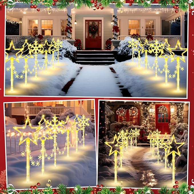 12 Pack Outdoor Snowflake Walkway Lights Plug in Christmas Pathway Lights 8 Modes Xmas Waterproof LED Garden Stake Light for Walkway Porch Yard Lawn(Warm White)