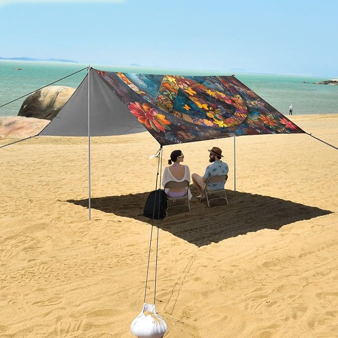 ALAZA Colorful Peace Sign Flower Beach Tent Sun Shelter UPF50+ Protection Beach Shade Canopy w/ 4 Sandbags for Outdoor Camping Fishing Backyard Fun Picnic 10x9 ft