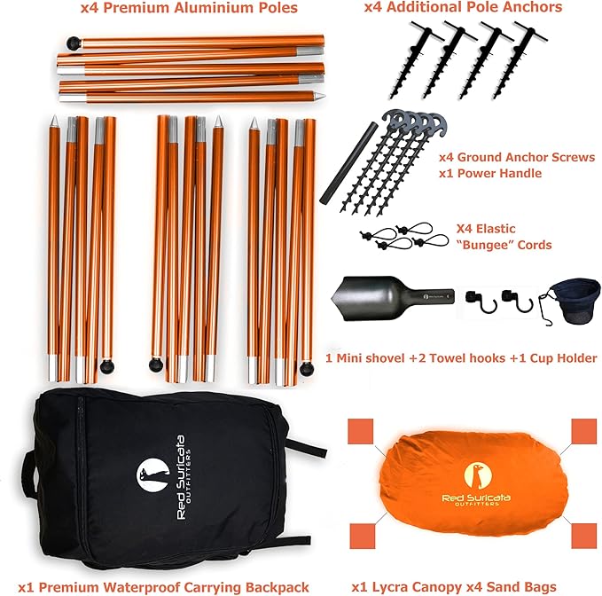 Red Suricata Premium Multi-Terrain Beach Tent &amp Beach Canopy in Backpack UPF50 Sun Beach Shade Pop Up Camping &amp Picnic Sunshade with 4 Poles 4 Pole Anchors &amp 4 Tent Screws Sun Shelter