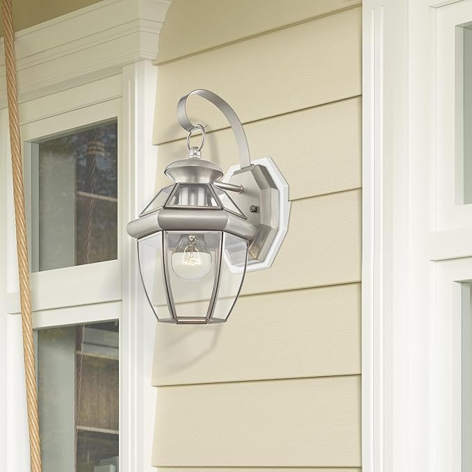 Livex Lighting 2051-91 Monterey 1 Light Outdoor Brushed Nickel Finish Solid Brass Wall Lantern with Clear Beveled Glass