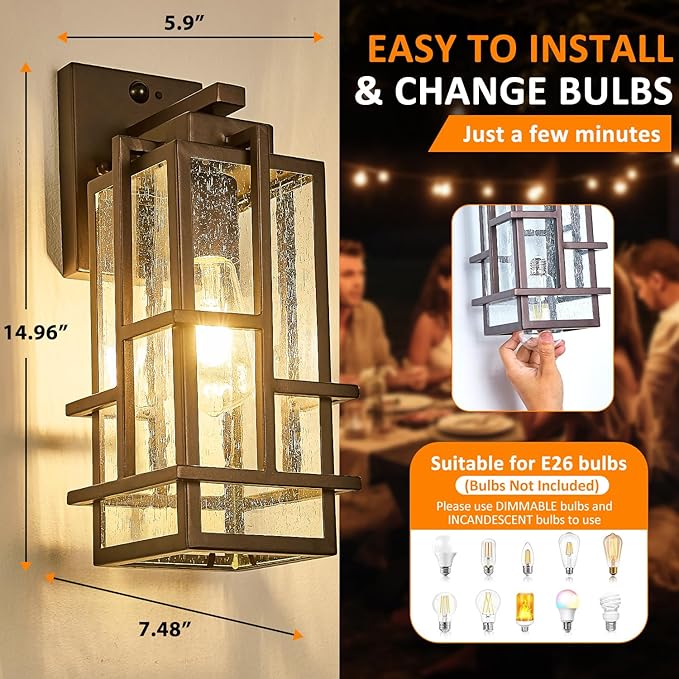 Motion Sensor Outdoor Wall Light Fixture Dusk to Dawn Porch Light Oil Rubbed Bronze Exterior Lighting with Seeded Tempered Glass Waterproof Outside Wall Mount Coach Lamp for House Patio Garage