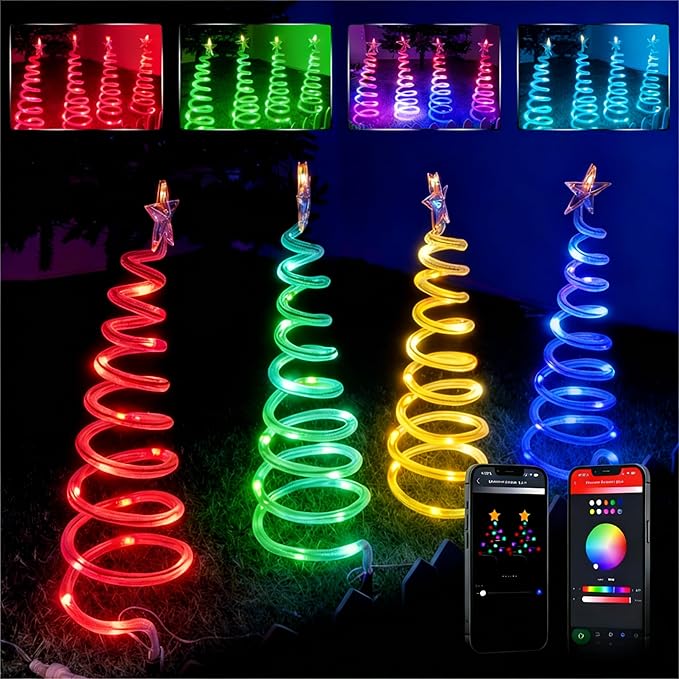 4 Pack Christmas Pathway Lights Outdoor Spiral Christmas Tree Path Lights Waterproof Yard Decorations Spiral Lighted Christmas Tree Lights for Pathway Patio Backyard Garden Party Holiday Decor