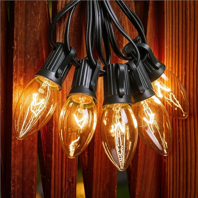 Minetom C9 Clear Christmas String Lights 25FT 25 Blubs Bright &amp Warm Outdoor Christmas Lights Long Life C9 String Lights for Tree Patio Gazebo Wreath Black Wire