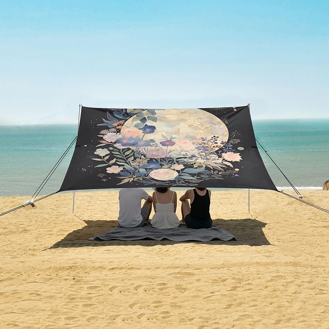 Bolaz Beach Canopy Tent Sun Shade9'×10.5' Large Family Beach Shade UPF50+- Outdoor Shade for Camping Trips FishingFlowers Moon