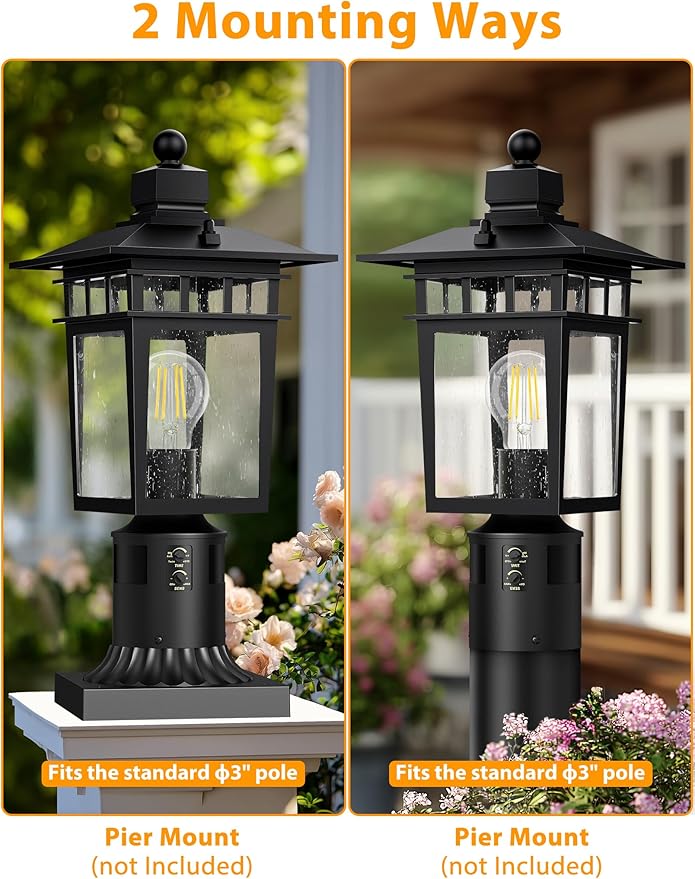 360° Motion Sensor Outdoor Post Lights 4 Lighting Modes Lamp Post Light Fixture Dusk to Dawn Waterproof Aluminum Black Pole Light Post Outdoor Lighting for Outside Garden Fence YardHard Wired