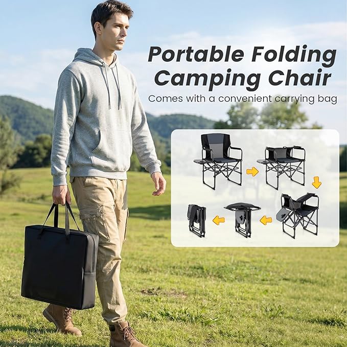 Goplus Folding Camping Chair 2 Pack Heavy-Duty Director Chair with Side Table &amp Cup Holder Portable Padded Chair with Carrying Bag for Picnic Beach Fishing Sports Supports up to 500 LBS
