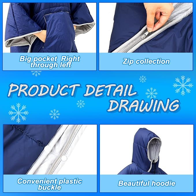 Preboun Thermal Poncho Wearable Hooded Blanket Winter Poncho Wearable Sleeping Bag Water Resistant Windproof for Men Women