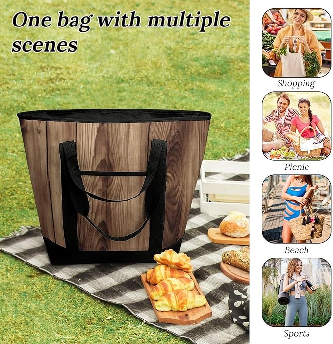Insulated Shopping BagLarge Reusable Cooler Bags Wood Grain Printed Foldable Shopping BagTravel Waterproof Shoulder Bag