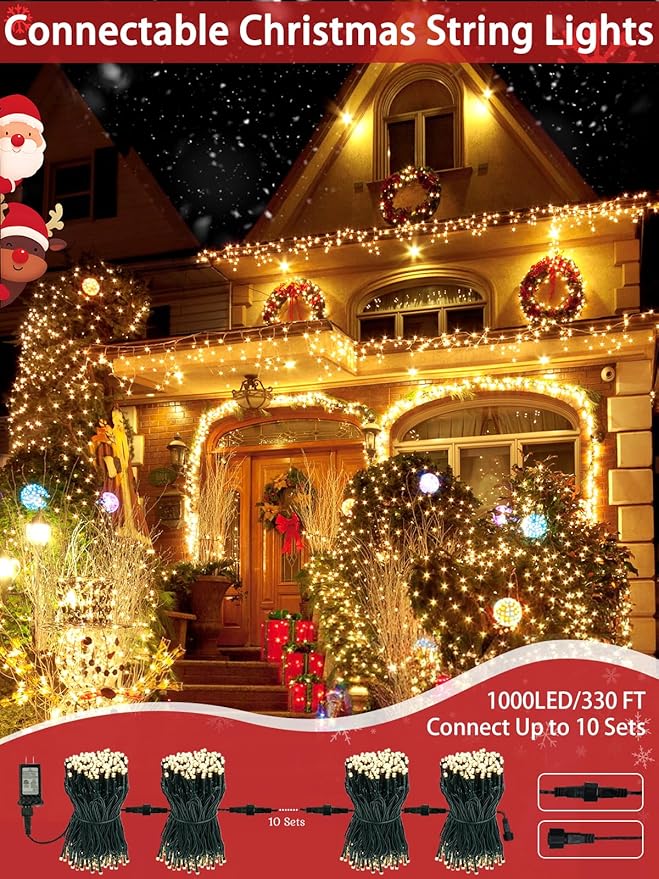 2-Pack 66FT 200 LED Christmas Lights 13 Modes Extendable Christmas Tree Lights with Timer &amp Memory Waterproof Twinkle Fairy Lights Green Wire Outdoor String Lights Indoor for Xmas Tree (Warm Whi