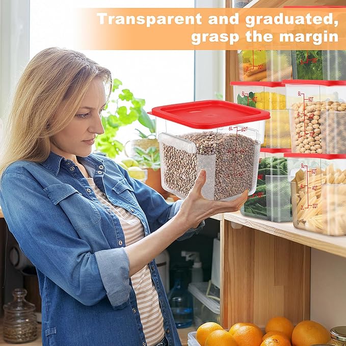 15 Sets 6 Qt Square Food Storage Containers with Lids Commercial Polycarbonate Containers Dough Proofing with Scale Clear Airtight Cereal for Pantry Home Restaurant