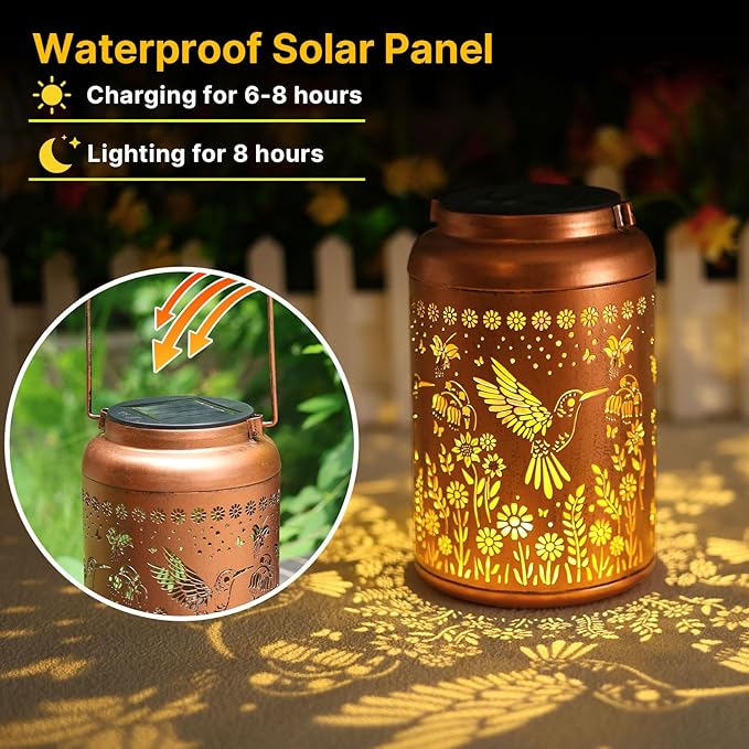 Hummingbird Solar Lanterns Outdoor Waterproof Hanging Hummingbird Solar Lights Metal Decorative LED Lantern Outside Decor for GardenYardPatioLawn Gifts for Women Mom Men Grandma 2Pack