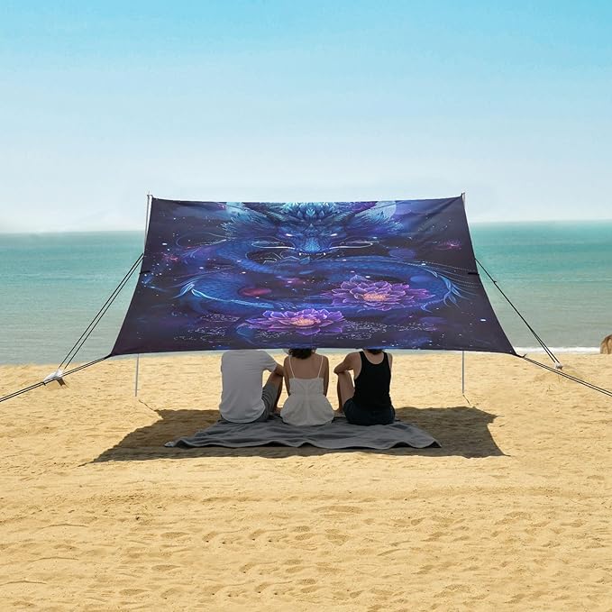 Blue Dragon Beach Tent Sun Shelter 9.2' x 10.5' Beach Canopy with 4 Sandbags 4 Stability Poles Sand Shovels - Tent Canopy for Beach Camping Fishing Picnics