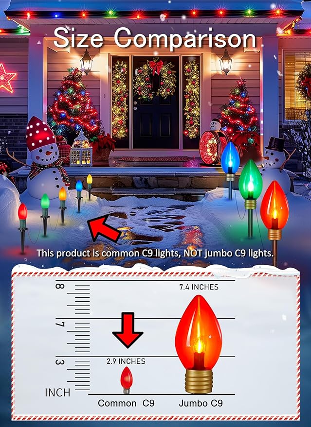 Brightown Frosted C9 LED Christmas Lights Outdoor 2 Packs Total 64Ft Pathway Lights with 50 LED Bulbs and Stakes Multicolor Christmas Decorations for Outside Driveway Walkway Sidewalk