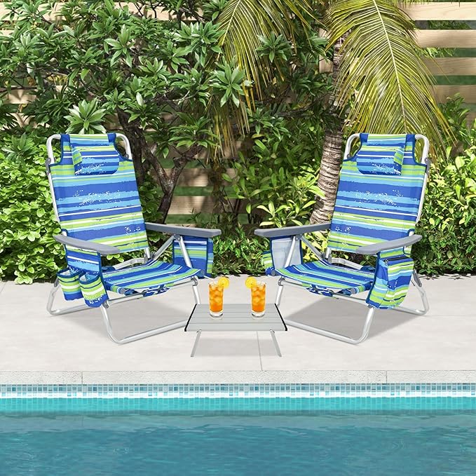 GYMAX Beach Chairs Backpack Camping Chair with Armrest Cooler Bag Cup Holder Towel Bar &amp Side Pockets Sunbath Sling Tanning Lounge Folding Layout Chair (Without Table Blue Stripe)