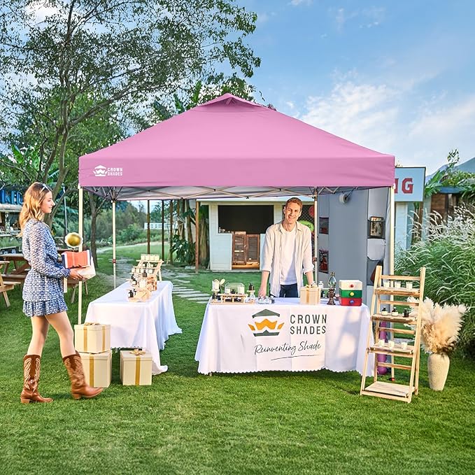 CROWN SHADES Canopy Tent 10 x 10 Foot Portable Pop Up Outdoor Shelter with Pocket Sidewall Push Center Lock UV Protection and Carry Bag Pink