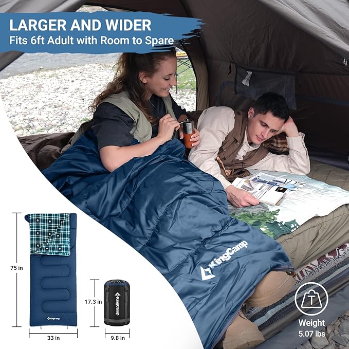 KingCamp Sleeping Bag for Adults Cold Weather &amp Warm XL Big and Tall Flannel Sleeping Bags with Compression Sack Portable Waterproof Essentials Gear Accessories for Outdoor Camping