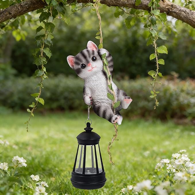 Solar Hanging Cat Statue Outdoor Resin Black Cat Figurine with LED Lights Kitty Animal Ornament for Garden Fence Porch Patio Yard Decor Dusk to Dawn Auto On/Off